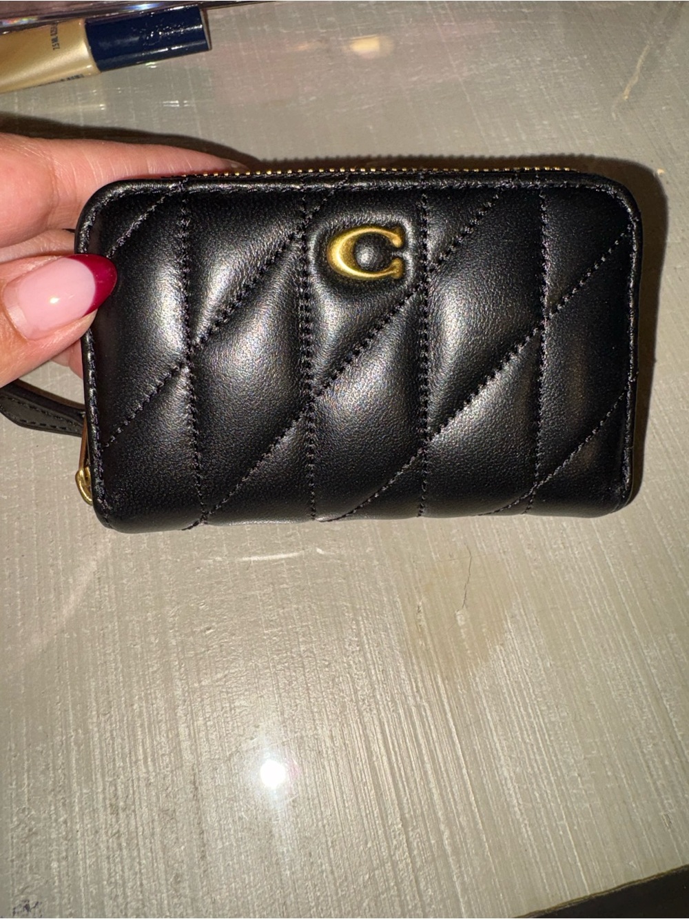 Coach Quilted Leather Zip Card Case - Black with Gold C Hardware